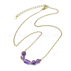 Natural Mixed Gemstone Column Round Beaded Pendant 304 Stainless Steel Cable Chains Necklaces for Women&nbsp;NJEW-JN06094