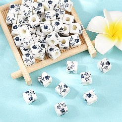花柄プリントの磁器ビーズ  花柄のセラミックビーズ  キューブ  マリンブルー  10x10x10mm  穴：4mm&nbsp;X-PORC-Q161-6
