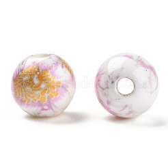 花柄プリントの磁器ビーズ  花柄のセラミックビーズ  ラウンド  ゴールデンロッド  8mm  穴：2mm&nbsp;X-PORC-Q199-8mm-02