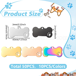 50本5色ステンレスペンダント  足跡チャーム付き犬用骨  ミックスカラー  20x40x2mm  穴：3mm  10個/カラー&nbsp;STAS-WA0001-01