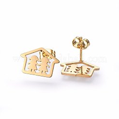 304ステンレススチールジュエリーセット  ペンダントネックレス＆スタッドピアス＆ブレスレット  女の子と家  ゴールドカラー  16.54インチ（42cm）  7-1/8インチ（18cm）  11x15x1mm  ピン：0.8mm&nbsp;SJEW-H138-06G
