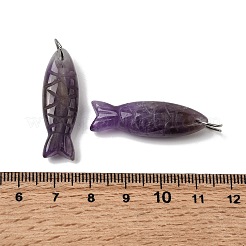 天然アメジストの彫刻ペンダント  魚のチャーム  304ステンレススチール製丸カン付き  ステンレス鋼色  33.5~34.5x10.5x7~7.5mm  穴：7mm&nbsp;G-G314-01P-08