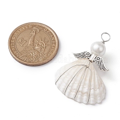 4個 4スタイル 銅線巻きシェルペンダント  ガラスパールビーズと合金の羽が付いた天使のチャーム  アンティークシルバー＆プラチナ  40~43.5x25.5~32x9.5~12mm  穴：4.2mm  1個/スタイル&nbsp;PALLOY-JF02709