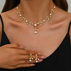 Leaf Brass Crystal Rhinestone & Plastic Pearl Pendant Necklaces & Stud Dangle Earrings Sets&nbsp;FS-WGAF044-01