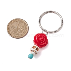 花の樹脂と合成ターコイズのキーホルダー  鉄パーツ  スカル  クリムゾン  プラチナ  7.2cm&nbsp;KEYC-JKC00823