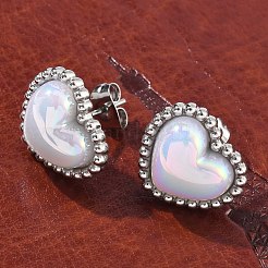 304ステンレススチールシェルハートスタッドピアス（女性用）  ステンレス鋼色  13.5x15.5mm&nbsp;EJEW-Z095-02P