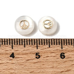 天然淡水貝のフラットラウンドいビーズ  金色の真鍮スライス付き  貝殻色  ピースサイン  8x3.5mm  穴：0.9mm&nbsp;SHEL-C009-01D