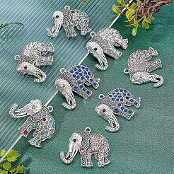 チベットスタイルの合金ラインストーンビッグペンダント8個、4色  カドミウムフリー＆鉛フリー  象のチャーム  アンティークシルバー  ミックスカラー  43x51x5.5mm  穴：3.5mm  2個/カラー&nbsp;ALRI-FH0001-12