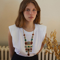 Oval Square Baroque Style Alloy & Colorful Resin Statement Bib Necklaces&nbsp;FS-WG6C445-01