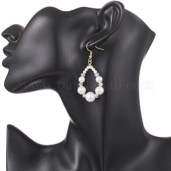 304ステンレススチールと天然養殖淡水真珠のティアドロップ型ダングルイヤリング  ガラスと  ゴールドカラー  58x27mm&nbsp;EJEW-JE06862
