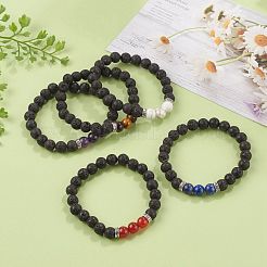 Round Natural Lava Rock Beaded Stretch Bracelets&nbsp;BJEW-JB05506