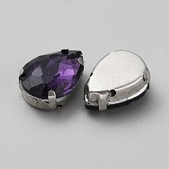 縫い付けラインストーン  ガラスラインストーン  鉄のプロングセッティング付き  衣料品アクセサリー  多面カット  ティアドロップ  インディゴ  14x10x6mm  穴：1.2mm&nbsp;DIY-WH20031-039B-17