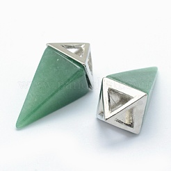 天然石グリーンアベンチュリンペンダント  合金パーツ  三角形  プラチナ  34x14x14.5mm  穴：4x6mm&nbsp;KK-E757-D-03P