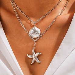 Bohemian Styles 304 Stainless Steel Starfish and Shell Shape Pendant Double Layer Necklaces for Women&nbsp;NJEW-F343-01P