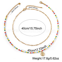 Boho Brass Crystal Rhinestone Religion Virgin Pendant Rainbow Glass Seed Beaded Double Layer Necklaces with Stainless Steel Paperclip Chains&nbsp;EI6810-1
