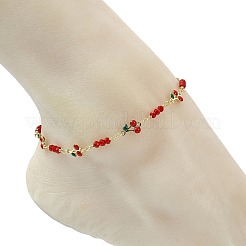 Brass Glass and Enamel Red Cherry Link Chain Anklets for Women&nbsp;AJEW-AN00814