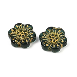 焼き付け塗料と金色の金属で覆われたガラスビーズ  花  濃い緑  17x18.5x5.5mm  穴：1.2mm&nbsp;DGLA-T004-09E