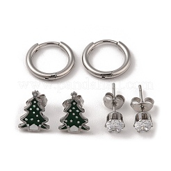 3ペア 3スタイル クリスマス 304 ステンレススチール フープ&スタッド イヤリング セット 女性用  エナメル＆キュービックジルコニア  ステンレス鋼色  クリスマスツリー  6~12.5x6~9mm  1ペア/スタイル&nbsp;EJEW-K279-12C-P