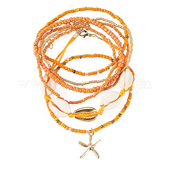2 Bags Summer Beach Glass Seed Beaded & Natural Shell & Alloy Starfish Charm Anklet Sets&nbsp;AJEW-TA0003-69C