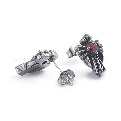 レトロ 304 ステンレス スタッド イヤリング  キュービックジルコニアとイヤーナット付き  クロス  レッド  アンティークシルバー  14x9.5mm  ピン：0.6mm&nbsp;X-EJEW-L248-051AS