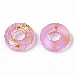 透明スプレー塗装ガラスヨーロピアンビーズ  大穴ビーズ  金色の箔付き  ドーナツ  ショッキングピンク  11x3mm  穴：4mm&nbsp;X-GLAA-N035-04H