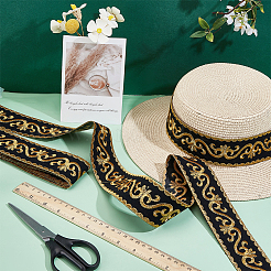エスニックスタイルの花柄刺繍ポリエステルリボン  ジャカードリボン  服飾材料  ブラック  1-7/8インチ（49mm）  約4.92ヤード（4.5m）/ pc&nbsp;OCOR-WH0104-44A