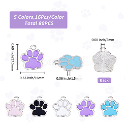 80本5色合金エナメルペンダント  カドミウムフリー＆鉛フリー  犬の足跡  ミックスカラー  17.5x16x1.5mm  穴：2mm  16個/カラー&nbsp;ENAM-FH0001-80