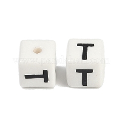 磁器のビーズ  文字のある正方形  文字t  8.5x8.5x8.5mm  穴：1.6mm&nbsp;PORC-R003-08T