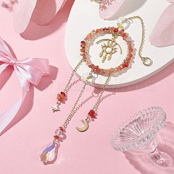 ワイヤーで巻かれた天然南赤瑪瑙チップリング吊り下げ装飾品  家庭菜園の装飾用のガラスの葉と金属の目のタッセルのサンキャッチャー  ゴールドカラー  285mm&nbsp;HJEW-TA00168