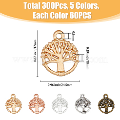 300本5色合金チャーム  フラット ラウンド ツリー オブ ライフ チャーム付き  ミックスカラー  12x10x1.7mm  穴：1.2mm  60個/カラー&nbsp;FIND-HY0002-61