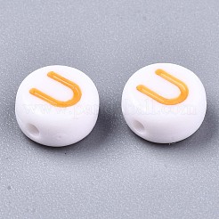不透明な白いアクリルビーズ  混合色の文字が付いたフラットラウンド  文字.u  7x3.5mm  穴：1.2mm  約4000個/500g&nbsp;MACR-N012-01U