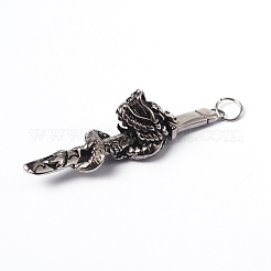 316サージカルステンレススチール製ビッグペンダント  ドラゴンとの剣  アンティークシルバー  53x14x16mm  穴：5mm&nbsp;STAS-L184-024
