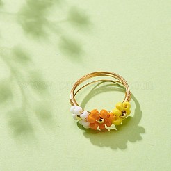 Glass Seed Braided Bead Flower Finger Rings&nbsp;RJEW-TA00054-03