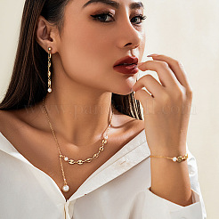 Brass & Alloy & Plastic Pearl Pendant Necklace & Stud Dangle Earring & Chain Bracelet&nbsp;FS-WGFF44D-01