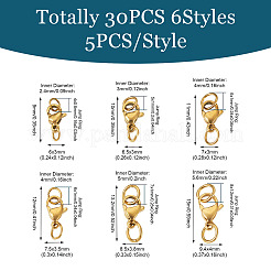 30個 6スタイル 304ステンレススチール製ロブスタークロウ留め金  オープン丸カン付き  ゴールドカラー  9~15x6~9.4x3~4mm  丸カン：4~8x0.8~1.2ミリ  内径：2.4~5.6mm  5個/スタイル&nbsp;STAS-TA0001-83G
