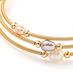 Four-Loops Brass & Natural Freshwater Pearl Beaded Wrap Bracelets for Women&nbsp;BJEW-F470-02G