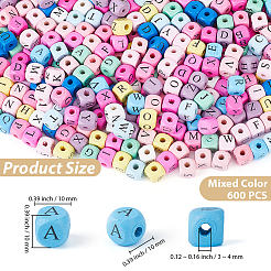 天然木プリントビーズ600個  水平穴  染め  頭文字を持つキューブ  ミックスカラー  10x10x10mm  穴：3~4mm&nbsp;WOOD-PA0001-48