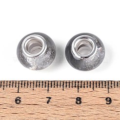 透明樹脂ロンデルヨーロピアンビーズ  グリッターパウダーとプラチナトーンの真鍮コア付き  大穴ビーズ  グレー  14x9mm  穴：5mm&nbsp;RESI-N044-02B