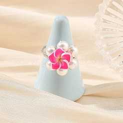 Silver Tone Copper Wire Wrapped Polymer Clay 3D Flower Plumeria & Shell Pearl Beaded Finger Rings&nbsp;RJEW-JR01098