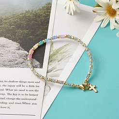 女の子の女性のためのガラスシードビーズブレスレット  小さなクロスチャーム付きブレスレット  ゴールドカラー  士官候補生ブルー  7-1/2インチ（19cm）&nbsp;BJEW-JB06746-03