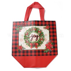 クリスマステーマのタータン不織布ギフトトートバッグ（ハンドル付き）  長方形  レッド  クリスマスリース  展開：33x32x0.2cm  折りたたみ：32x17.5x24cm&nbsp;LS-ABAG-G017-01D