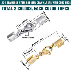 32Pcs 2 Colors 304 Stainless Steel Lobster Claw Clasps with Cord Ends&nbsp;STAS-SC0006-32