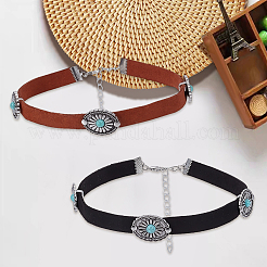 2Pcs 2 Colors Alloy Pave Synthetic Turquoise Oval Imitation Leather Choker Necklaces for Women&nbsp;NJEW-CY0001-06