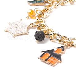 Alloy Enamel Ghost & Bat & Broom & Natural Lava Rock Charm Bracelet&nbsp;BJEW-TA00132