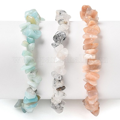 Chips Natural Rutilated Quartz & Flower Amazonite & Sunstone Beaded Stretch Bracelets Sets&nbsp;BJEW-JB05332-06-1