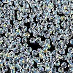 ガラスシードビーズ  半分メッキ  透明色の虹  丸い穴  ラウンド  透明  4x3mm  穴：1.2mm  7500個/ポンド&nbsp;SEED-H002-A-A610