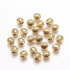 チベット風合金ビーズ  ハート付きフラットラウンド  アンティーク黄金  鉛フリー＆カドミウムフリー  6x6x3mm  穴：1.5mm&nbsp;LS-GLF10713Y
