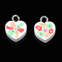 手作りポリマークレイペンダント  プラチナメッキ鉄ループ付き  花とハート  ホワイト  11~12.5x9.5~10x4~5mm  穴：1.8mm&nbsp;CLAY-N006-46D