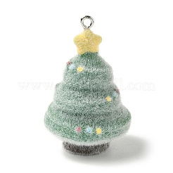 クリスマスフロッキー不透明樹脂ペンダント  プラチナ鉄ループ付き  クリスマスツリー  40x25x26mm  穴：1.8mm&nbsp;LS-FIND-A058-01B