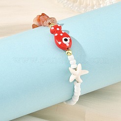 夏のビーチをイメージした手作りの磁器製魚と天然石チップシードビーズを使った女性用ブレスレット  合成ターコイズ色のヒトデ付き  ゴールドカラー  ミックスカラー  7.40インチ（18.8cm）&nbsp;BJEW-JB14440